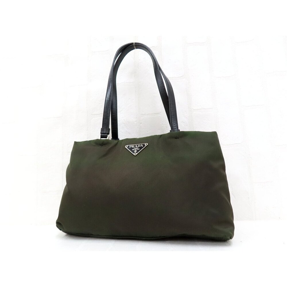 Prada Calf Leather Leather Handbag Khaki Black Silver Hardware Shoulder